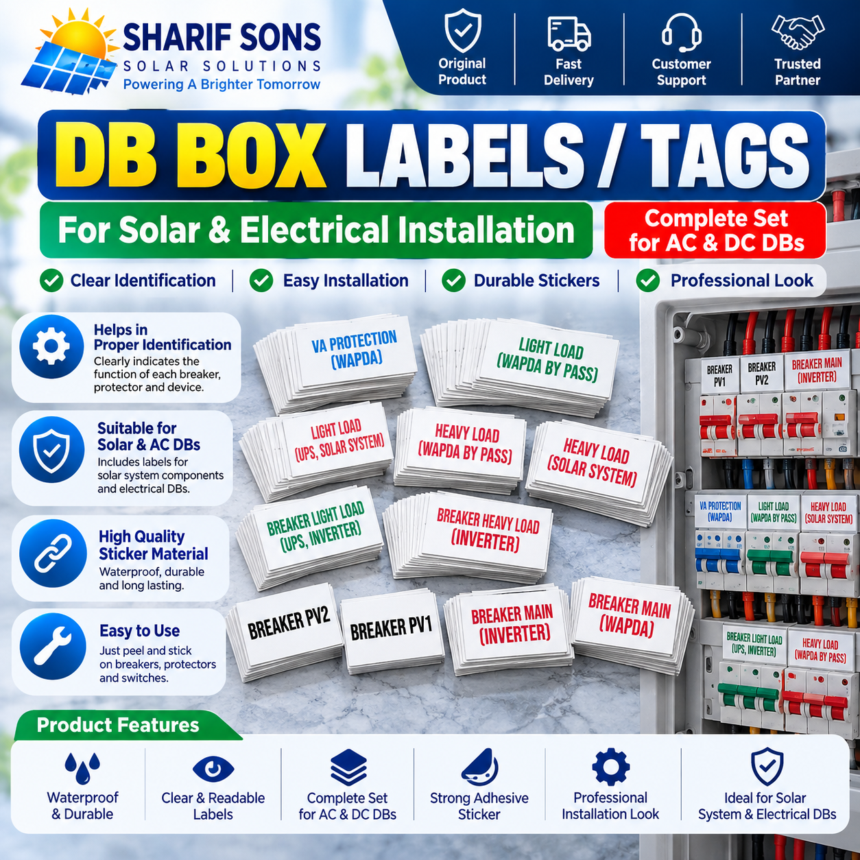 Solar & Electrical DB Box Labels / Tags – Complete Set for AC & DC DB | Breaker, Voltage Protector & Changeover Stickers