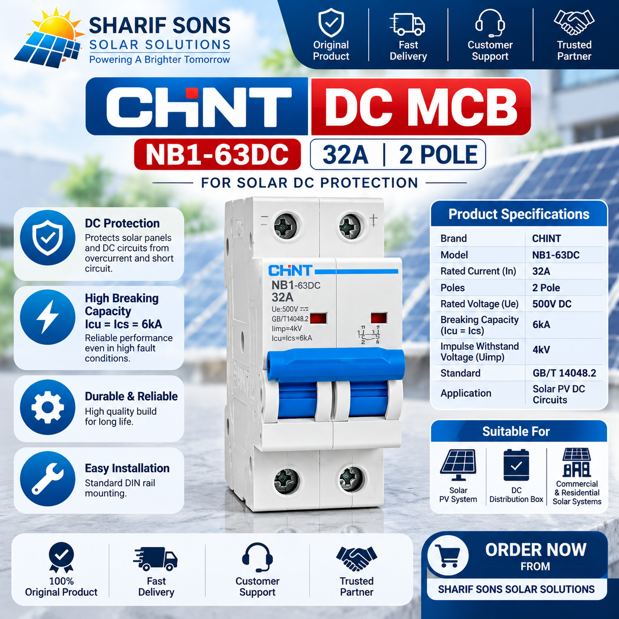 CHINT NB1-63DC 32A 2 Pole DC MCB ā 500V DC Solar PV Circuit Breaker