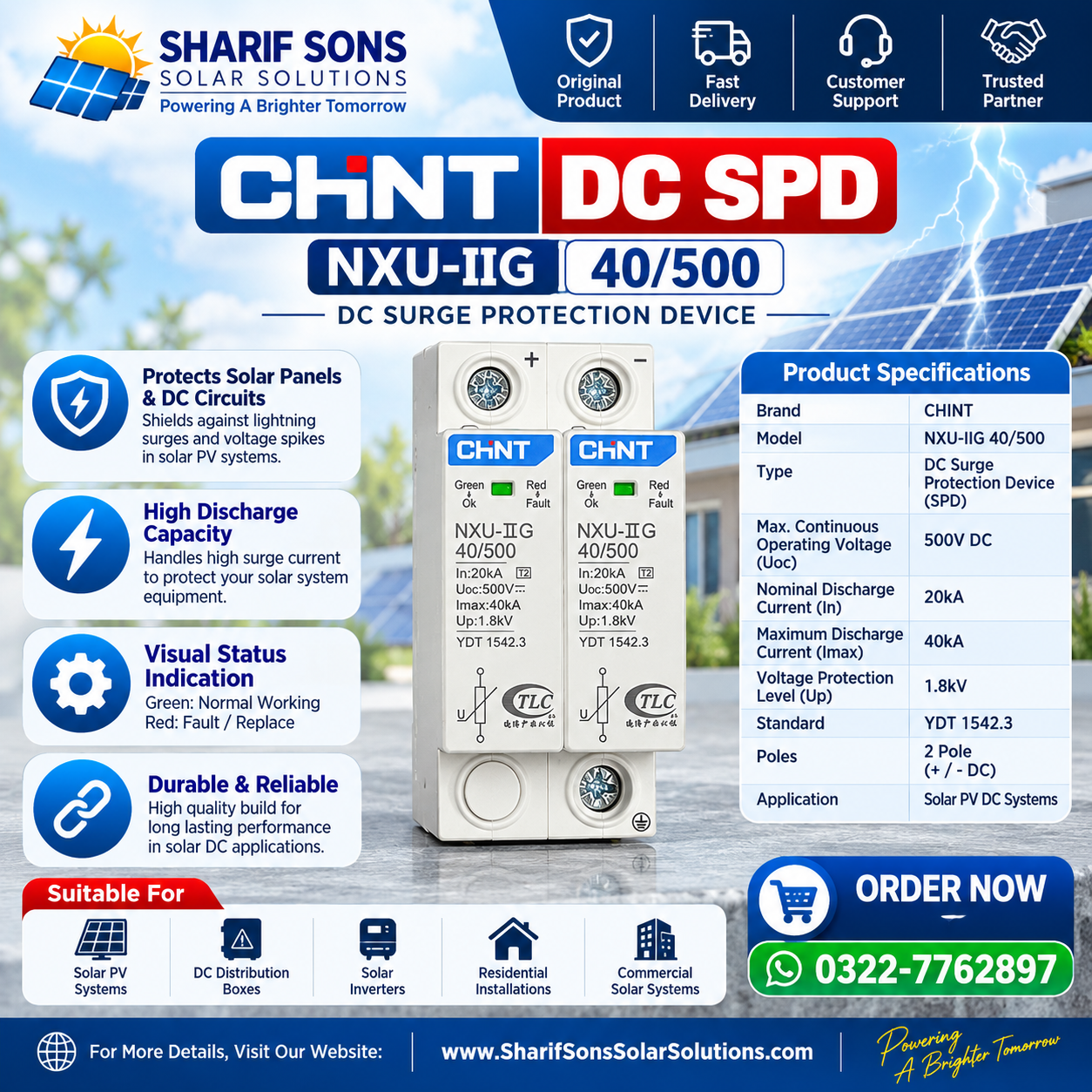 CHINT NXU-IIG 40/500 DC SPD – 2 Pole 500V DC Surge Protection Device for Solar PV Systems