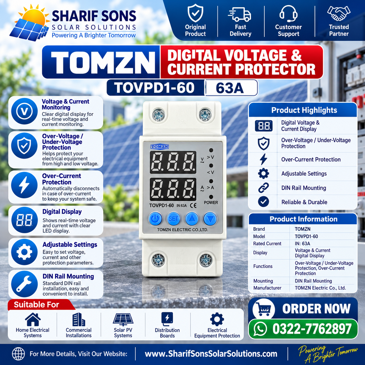 TOMZN TOVPD1-60 63A Digital Voltage & Current Protector – Over & Under Voltage / Over Current Protection