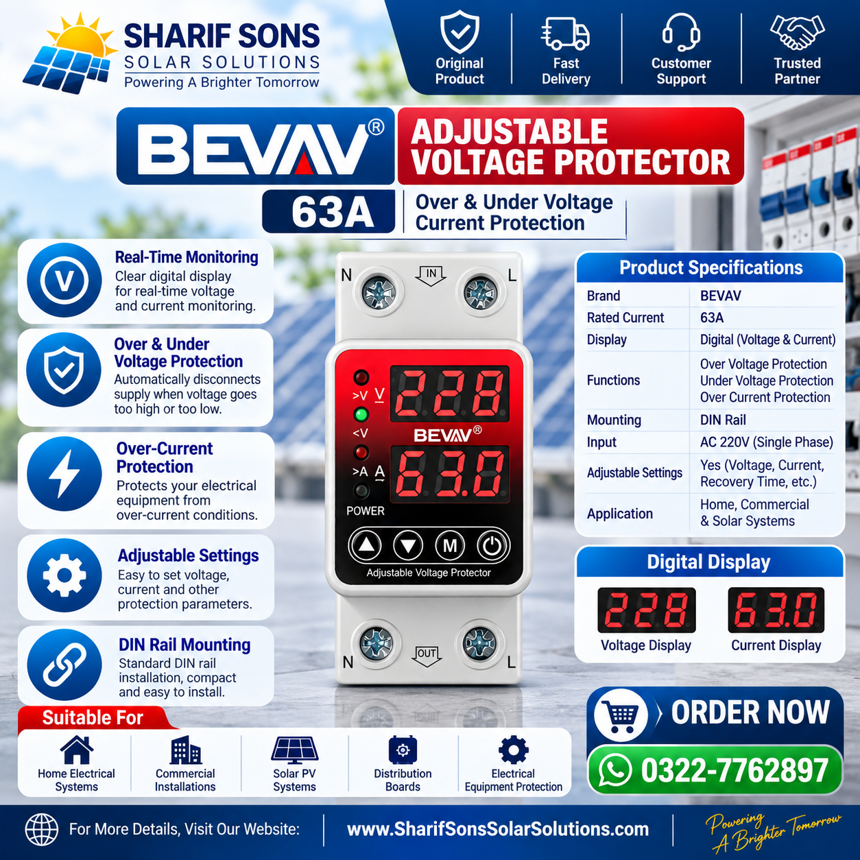 BEVAV 63A Adjustable Voltage Protector – Digital Over & Under Voltage & Over Current Protection