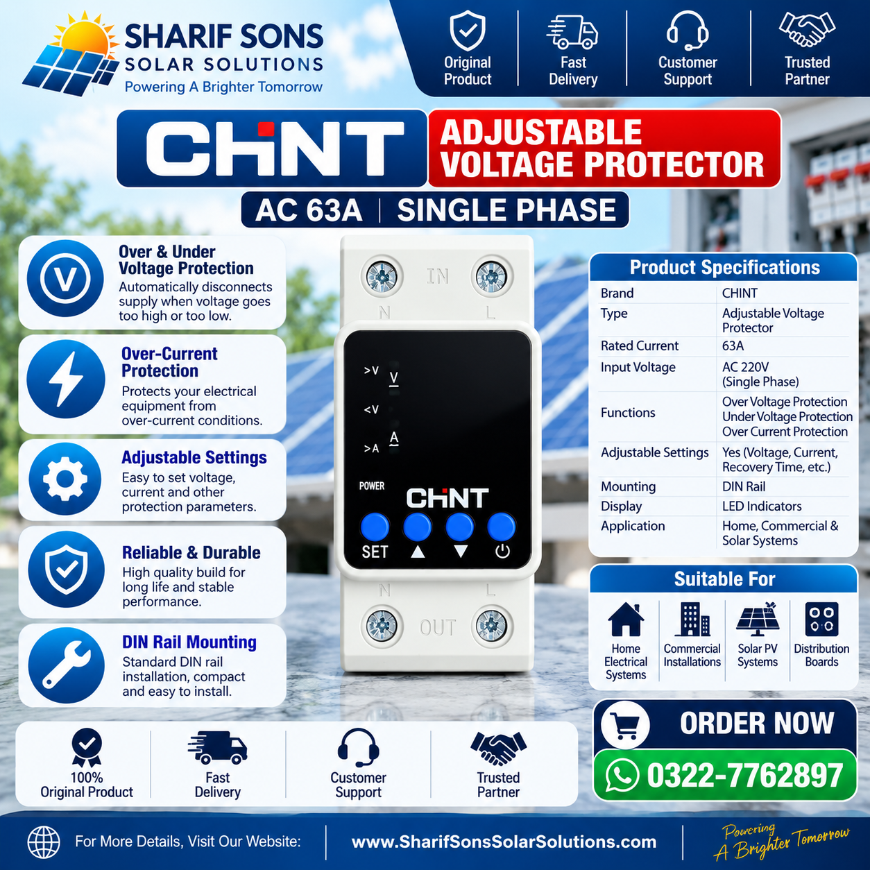 CHINT 63A Adjustable Voltage Protector – Over & Under Voltage & Over Current Protection | AC 220V Single Phase