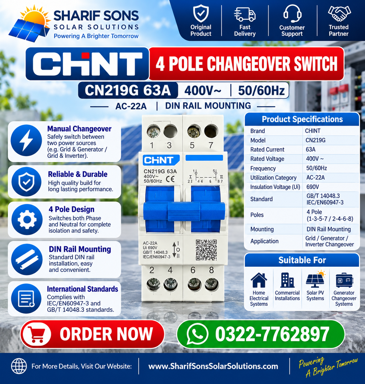 CHINT CN219G 63A 4 Pole Changeover Switch – 400V AC Manual Transfer Switch