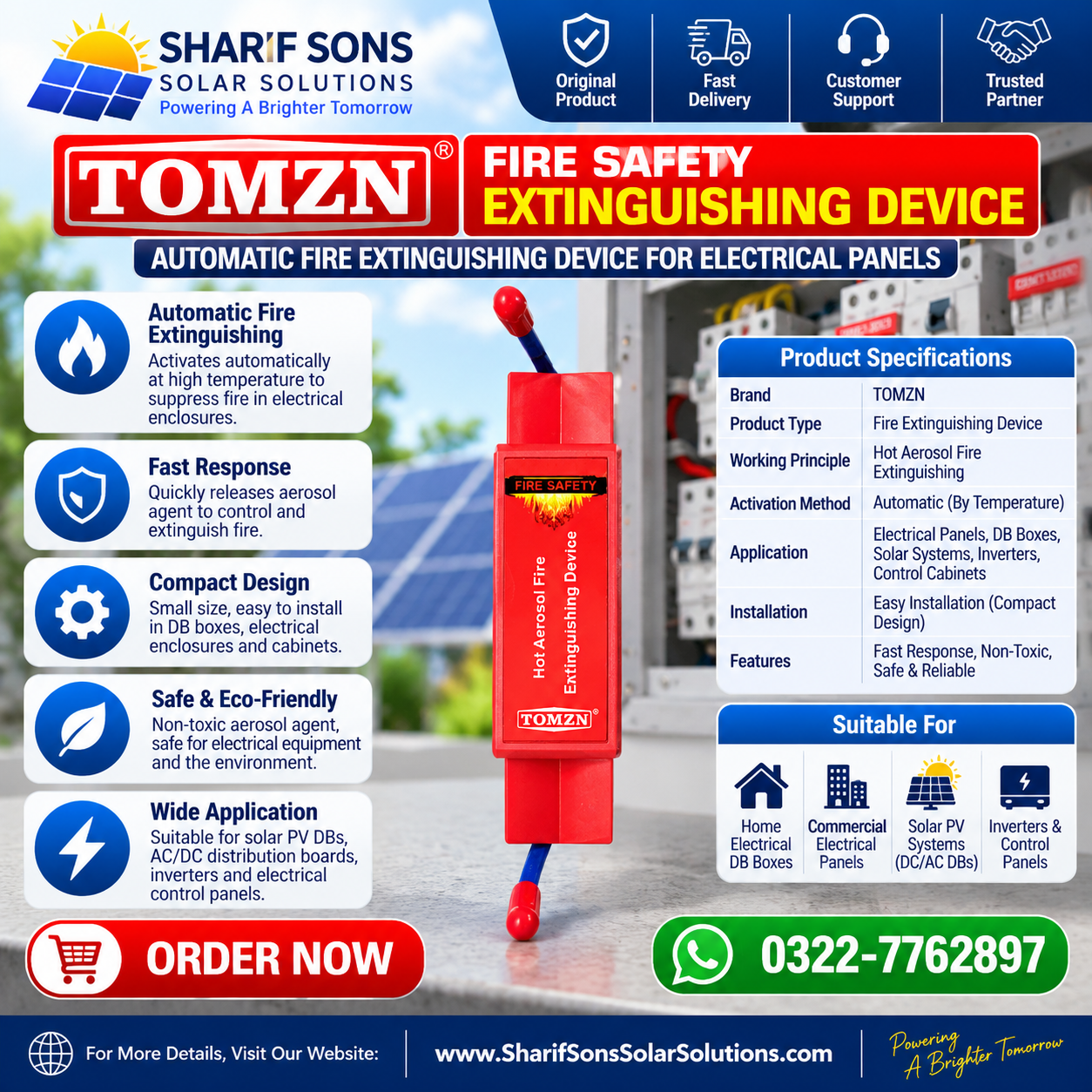 TOMZN Hot Aerosol Fire Extinguishing Device – Automatic Fire Protection for Electrical Panels, DB Boxes & Solar Systems