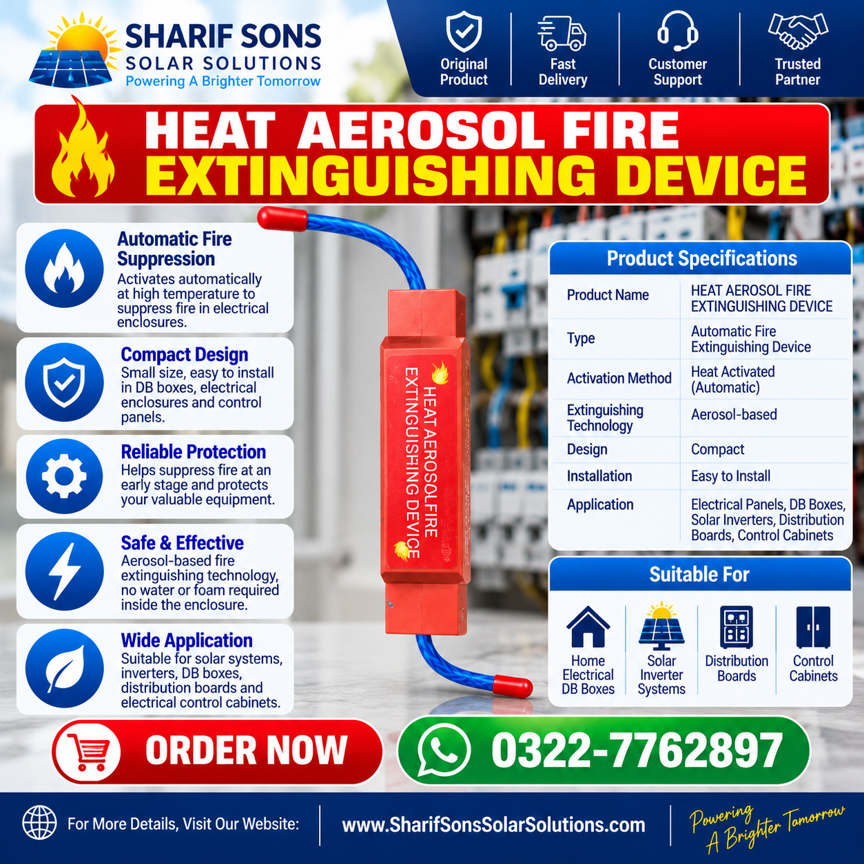 Heat Aerosol Fire Extinguishing Device – Fire Protection for Electrical DB Boxes, Inverters & Solar Systems
