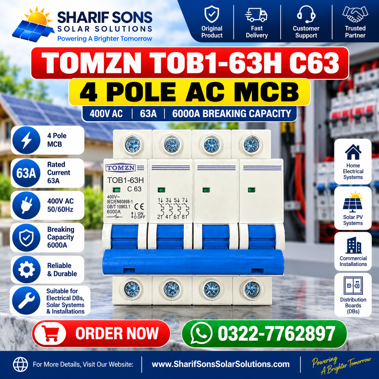 TOMZN TOB1-63H C63 4 Pole AC MCB – 63A 400V AC Circuit Breaker | 6000A Breaking Capacity