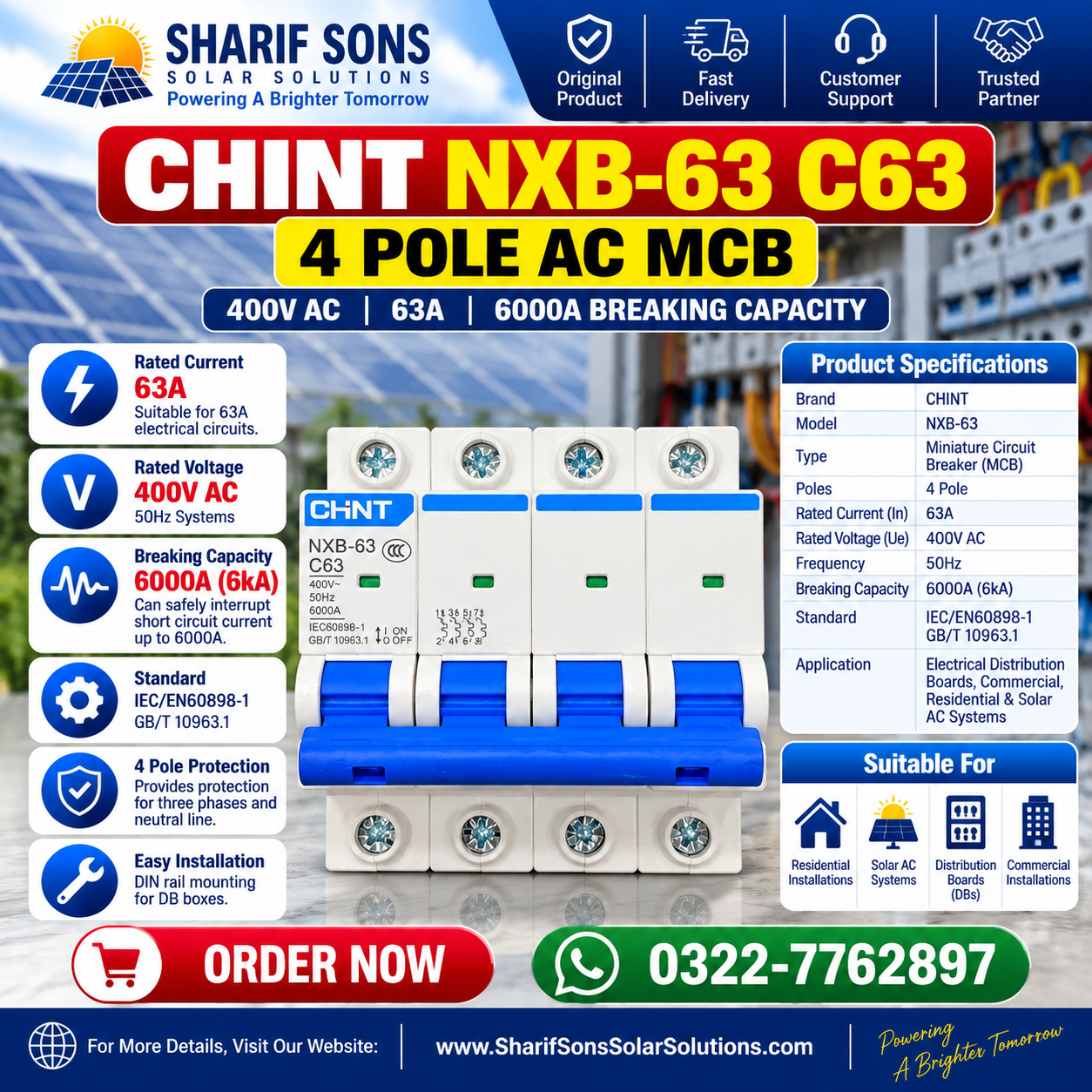 CHINT NXB-63 C63 4 Pole AC MCB β 63A, 400V AC Circuit Breaker | 6kA