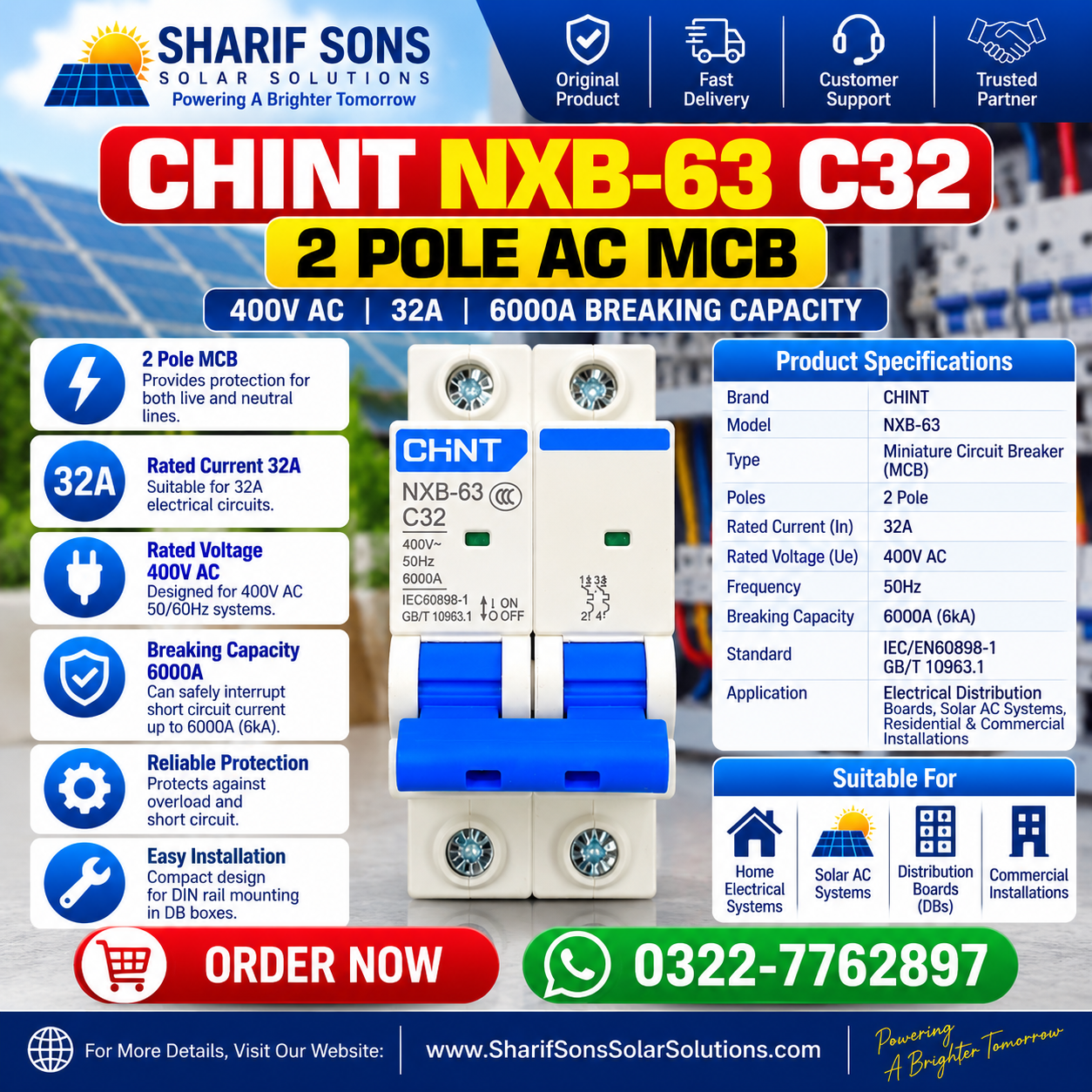 CHINT NXB-63 C32 2 Pole AC MCB β 32A, 400V AC Circuit Breaker | 6kA