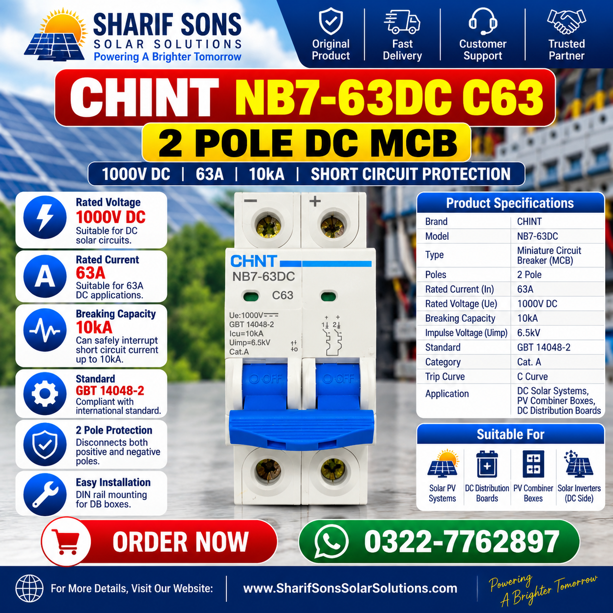 CHINT NB7-63DC C63 2 Pole DC MCB β 63A, 1000V DC Circuit Breaker | 10kA