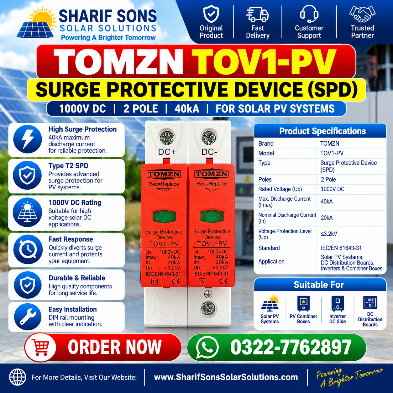 TOMZN TOV1-PV 1000V DC Type 2 SPD β 2 Pole Solar PV Surge Protection Device | 40kA