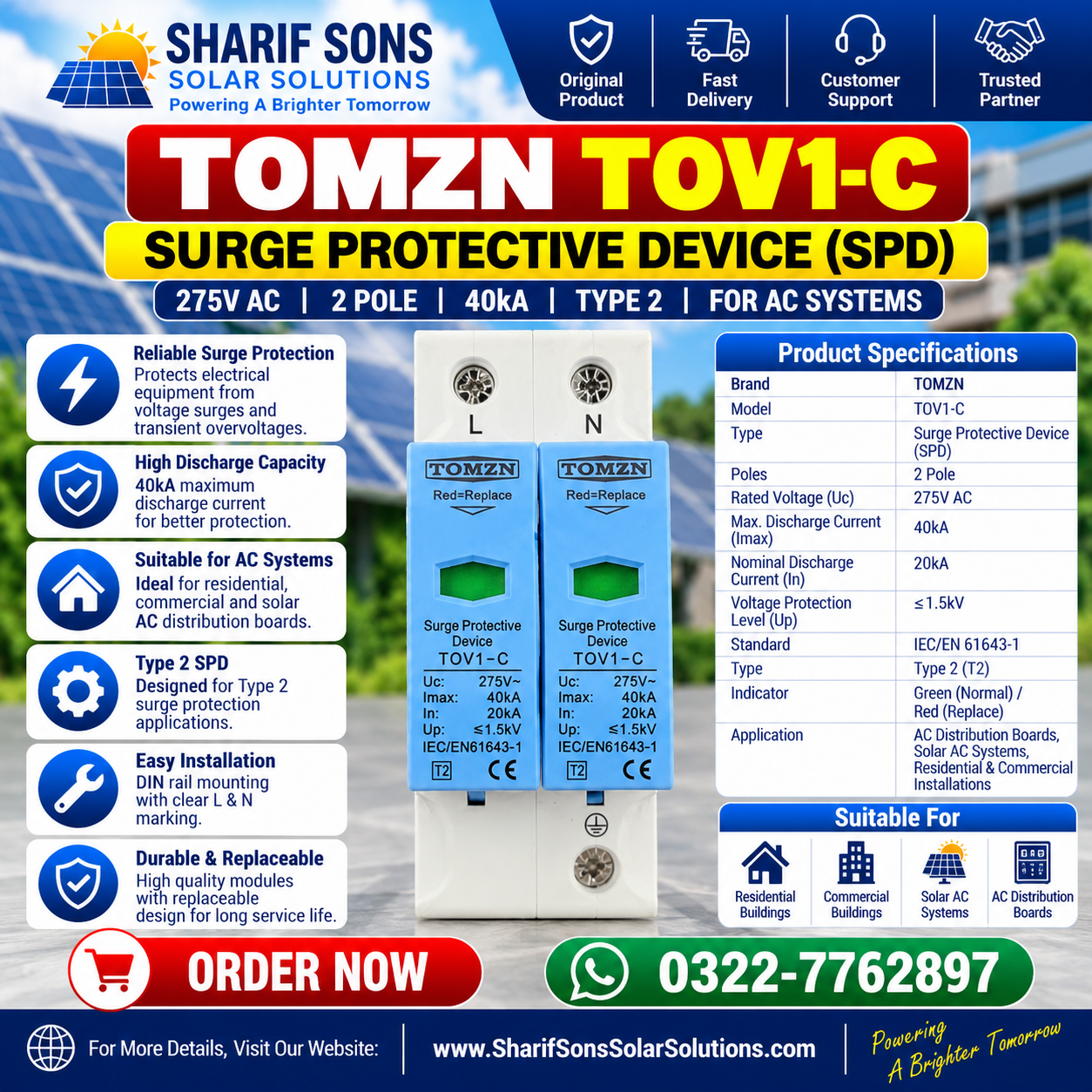 TOMZN TOV1-C 275V AC Type 2 SPD β 2 Pole Surge Protective Device | 40kA